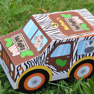 Jungle safari party favors, Wild One birthday printable treat boxes, Jungle animals truck favor box template centerpiece decorations