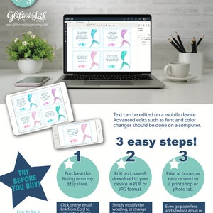 Op de afbeelding: Het scherm van een laptop toont een digitale ontwerptemplate met twee illustraties van zeemeerminstaarten. De tekst op het scherm luidt "Het is je verjaardag, laten we feestvieren!" en "Het is zo leuk om een zeemeermin te zijn!" De afbeelding bevat ook drie stappen voor het bewerken en afdrukken van het ontwerp. De tekst luidt "Probeer het voordat je koopt!" en "Bestand kan alleen worden bewerkt met de online Corjl-applicatie! Niet compatibel met Vista Print. Alleen voor persoonlijk gebruik - het is ten strengste verboden om het bestand, de ontwerpelementen of gedrukte items te kopi&euml;ren, te delen of te verkopen."