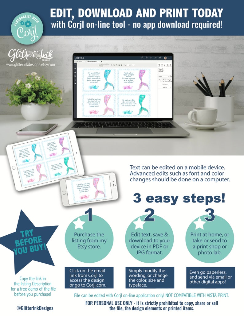 Op de afbeelding: Het scherm van een laptop toont een digitale ontwerptemplate met twee illustraties van zeemeerminstaarten. De tekst op het scherm luidt "Het is je verjaardag, laten we feestvieren!" en "Het is zo leuk om een zeemeermin te zijn!" De afbeelding bevat ook drie stappen voor het bewerken en afdrukken van het ontwerp. De tekst luidt "Probeer het voordat je koopt!" en "Bestand kan alleen worden bewerkt met de online Corjl-applicatie! Niet compatibel met Vista Print. Alleen voor persoonlijk gebruik - het is ten strengste verboden om het bestand, de ontwerpelementen of gedrukte items te kopi&euml;ren, te delen of te verkopen."