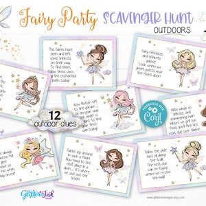 Cartes-indices de chasse au trésor de fête de fée en plein air, indices de chasse au trésor de fées de jardin enchanté pour le jeu d'arrière-cour imprimable d'anniversaire d'enfants