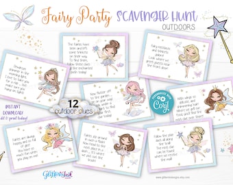 Outdoor Fairy party scavenger hunt clue cards, Enchanted garden fairies treasure hunt clues for kids birthday printable backyard game