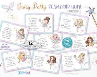 Outdoor Fairy scavenger hunt clue cards / Fairy party kids treasure hunt clues / Enchanted garden fairy birthday printable game for backyard