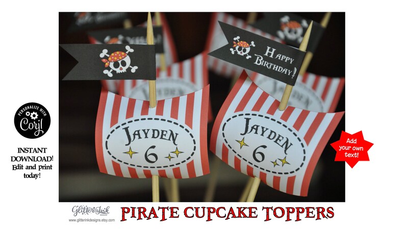 Pirate Party cupcake toppers Pirate party favors Pirate ship sail toppers Pirate birthday Pirate party decor Pirate flags