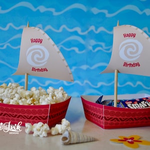 Moana Popcorn Tablett Segelboot Gastgeschenke, Hawaiianische Geburtstag druckbare Leckerei Box Dekorationen - sofortiger Download PDF-Datei