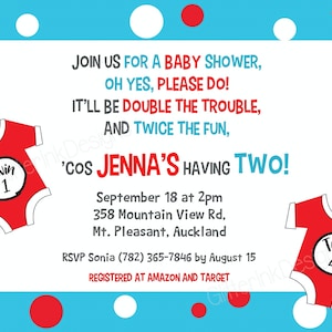 May include: A baby shower invitation with a blue and white polka dot background. The invitation features two red onesies with the words "Twin 1" and "Twin 2" on them. The text on the invitation reads "Join us for a baby shower, Oh yes, please do! It'll be double the trouble, and twice the fun, 'cos Jenna's having two!"  September 18 at 2pm 358 Mountain View Rd, Mt. Pleasant, Auckland RSVP Sonia (782) 365-7846 by August 15 Registered at Amazon and Target