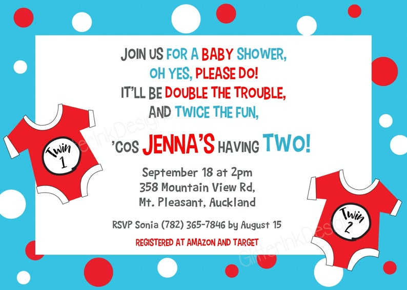 May include: A baby shower invitation with a blue and white polka dot background. The invitation features two red onesies with the words "Twin 1" and "Twin 2" on them. The text on the invitation reads "Join us for a baby shower, Oh yes, please do! It'll be double the trouble, and twice the fun, 'cos Jenna's having two!"  September 18 at 2pm 358 Mountain View Rd, Mt. Pleasant, Auckland RSVP Sonia (782) 365-7846 by August 15 Registered at Amazon and Target
