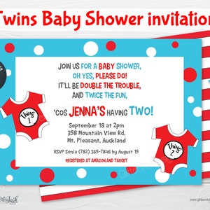 May include: A blue and red baby shower invitation with a red and white striped background. The invitation features two red onesies with the words "Thing 1" and "Thing 2" on them. The text on the invitation reads "Join us for a baby shower, Oh yes, please do! It'll be double the trouble, and twice the fun, 'cos Jenna's having two!"  September 18 at 2pm, 358 Mountain View Rd, Mt. Pleasant, Auckland. RSVP Sonia (782) 365-7846 by August 15. Registered at Amazon and Target.