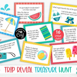 May include: A collection of colorful cards for a "Trip Reveal Treasure Hunt". Each card features playful illustrations and text, including a watermelon, beach umbrella, and ice cream. The cards are designed with a summer theme.