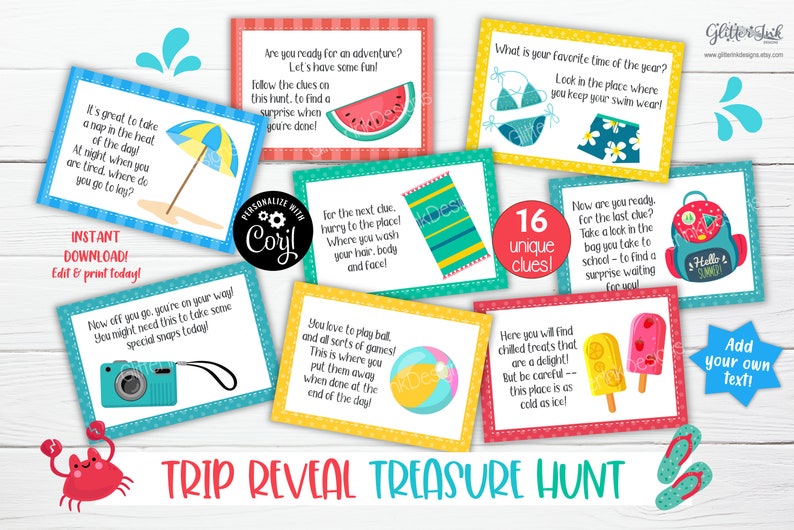 May include: A collection of colorful cards for a "Trip Reveal Treasure Hunt". Each card features playful illustrations and text, including a watermelon, beach umbrella, and ice cream. The cards are designed with a summer theme.