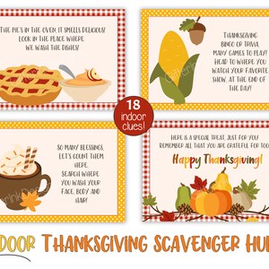 Pu&ograve; includere: Un set di 18 carte di caccia al tesoro di Ringraziamento stampabili con illustrazioni e indizi a tema autunnale. Le carte presentano una torta, mais, una tazza di cioccolata calda e una zucca. Il testo sulle carte recita "18 indizi per interni!" e "Buon Ringraziamento!"