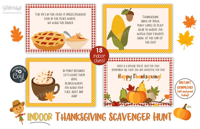 Pu&ograve; includere: Un set di 18 carte di caccia al tesoro di Ringraziamento stampabili con illustrazioni e indizi a tema autunnale. Le carte presentano una torta, mais, una tazza di cioccolata calda e una zucca. Il testo sulle carte recita "18 indizi per interni!" e "Buon Ringraziamento!"