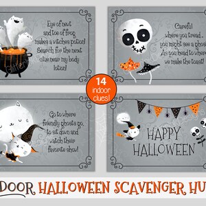 May include: A set of 14 printable Halloween scavenger hunt cards with cute illustrations of ghosts, skeletons, and witches. The cards are gray with black and orange accents. The text on the cards reads "Indoor Halloween Scavenger Hunt".