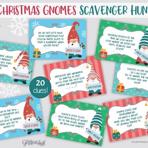 Cartes-indices imprimables pour la chasse au trésor de Noël, gnomes du Père Noël à l'intérieur, indices pour la chasse au trésor pour les enfants et les jeux de fête en famille - modifier avec Corjl