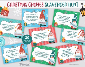 Christmas scavenger hunt clue cards / Christmas treasure hunt clues for kids / Christmas gnomes indoors scavenger hunt / Santa gnomes