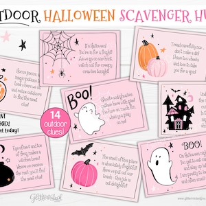 Pink Halloween outdoor scavenger hunt / Kids Halloween treasure hunt clues / Printable Halloween party games - ghost, haunted house, pumpkin
