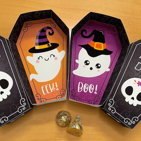 Halloween party coffin treat boxes / Printable coffin box party favors / Halloween decor treat box with cute ghost, witch hat, sugar skull