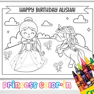 May include: A black and white coloring page featuring a princess in a gown and a unicorn. The page has the text "Happy Birthday Alisha!" and "Princess Color-in".