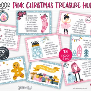 May include: Pink and blue Christmas treasure hunt game cards with illustrations of a gingerbread man, a stocking, a ballerina, a jar with snowflakes, a house with lights, a Santa, a hot chocolate mug, and a gift box. The cards have instructions for a scavenger hunt with 15 indoor clues. The text on the cards reads "Indoor Pink Christmas Treasure Hunt", "Sing along to your favorite carols!" and "15 indoor clues!"