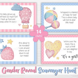 Gender reveal speurtocht-aanwijzingskaarten voor babyshower-partygames, aquarel applique teddybeer afdrukbare schattenjacht-aanwijzingen afbeelding 6