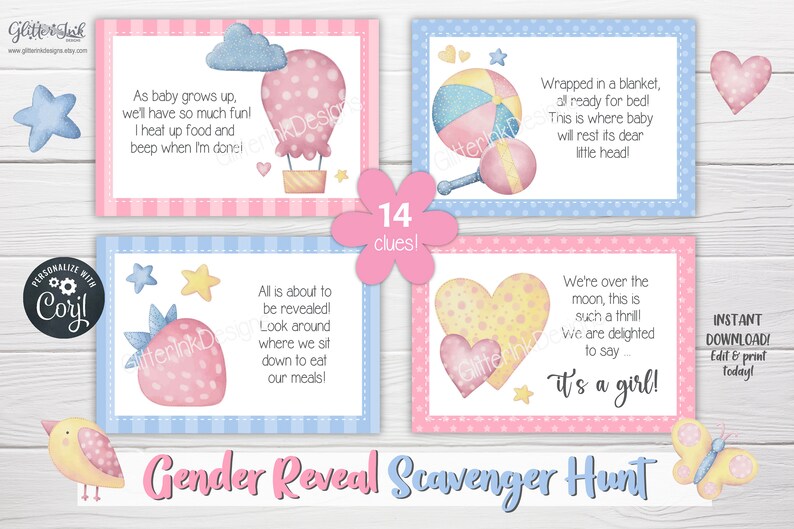Gender reveal speurtocht-aanwijzingskaarten voor babyshower-partygames, aquarel applique teddybeer afdrukbare schattenjacht-aanwijzingen afbeelding 6