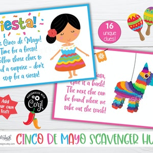 Ledtrådskort till skattjakt för Cinco de Mayo, lekar för mexikansk fiesta till födelsedagskalas för barn, ledtrådar att skriva ut för skattjakt till Taco Tuesday bild 8