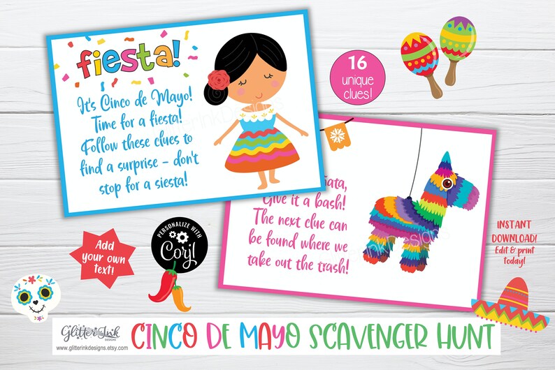 Ledtrådskort till skattjakt för Cinco de Mayo, lekar för mexikansk fiesta till födelsedagskalas för barn, ledtrådar att skriva ut för skattjakt till Taco Tuesday bild 8