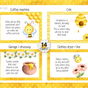 May include: A set of 14 baby shower game cards with yellow and white polka dot background. Each card features a bee-themed illustration and a clue for a baby shower game. The clues are related to different areas of the house, such as the coffee machine, crib, garage, and clothes dryer.
