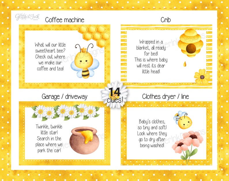 May include: A set of 14 baby shower game cards with yellow and white polka dot background. Each card features a bee-themed illustration and a clue for a baby shower game. The clues are related to different areas of the house, such as the coffee machine, crib, garage, and clothes dryer.