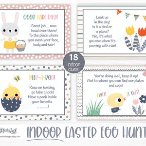 May include: Printable Easter egg hunt clues with illustrations of a bunny, chick, and flowers. The clues are written in a fun, rhyming style. The text on the cards reads "Good Hare Day!" "Peek-a-Boo!" "Look up in the sky!" and "You're doing well, keep it up!"