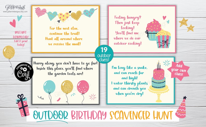 Outdoor Birthday scavenger hunt / Kids treasure hunt clues / Birthday party printable scavenger hunt clue cards for outside party games image 4