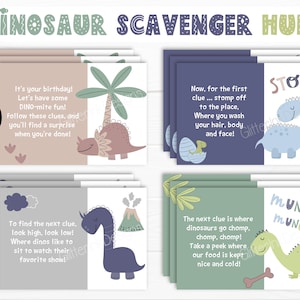 Cartões de dicas para impressão de caça ao tesouro de dinossauros, dicas de caça ao tesouro para crianças com aventura de dinossauros, atividade de jogo de festa de aniversário Roar