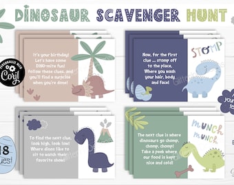 May include: A printable dinosaur scavenger hunt game with 18 clues. The cards feature colorful illustrations of dinosaurs, palm trees, and volcanoes. The text on the cards includes instructions for the game and clues for the scavenger hunt. The game is designed for a birthday party or other special occasion.