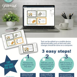 May include: A laptop screen shows a preview of a printable design with a jungle theme. The design features a zebra, lion, elephant, and a jeep. The text on the screen reads "Edit, Download and Print Today with Corjl on-line tool - no app download required!"  The text below the image reads "3 easy steps!" and outlines the steps to edit, download, and print the design.