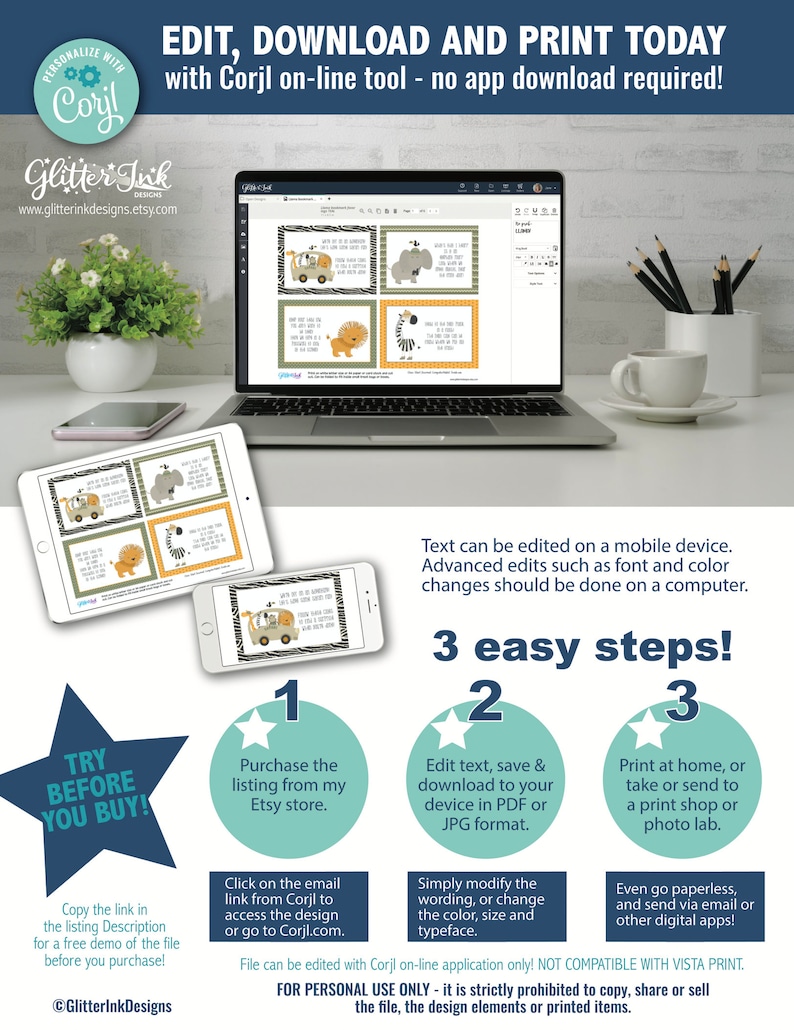 May include: A laptop screen shows a preview of a printable design with a jungle theme. The design features a zebra, lion, elephant, and a jeep. The text on the screen reads "Edit, Download and Print Today with Corjl on-line tool - no app download required!"  The text below the image reads "3 easy steps!" and outlines the steps to edit, download, and print the design.