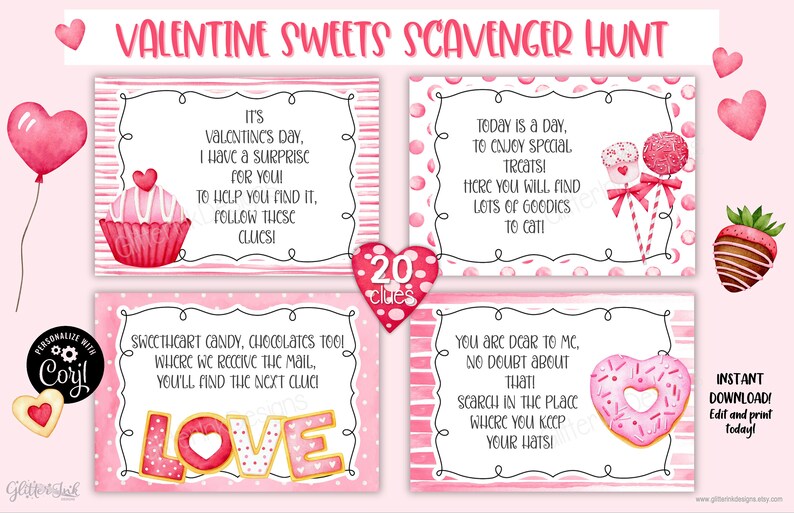 May include: A printable Valentine's Day scavenger hunt with 20 clues. The clues are written on pink cards with pink and white polka dots and stripes. Each card features a different Valentine's Day themed illustration, such as a cupcake, a lollipop, a donut, and a heart.