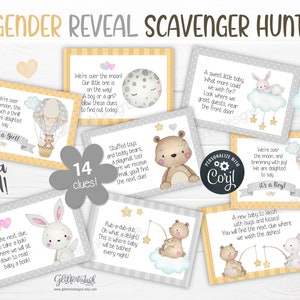 Tarjetas con pistas para la búsqueda del tesoro con revelación de género para juegos de fiesta de baby shower, pistas de búsqueda del tesoro imprimibles para guarderías neutrales