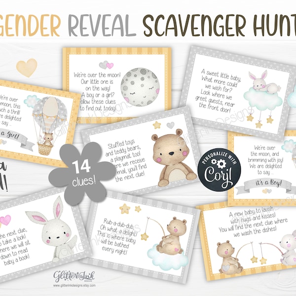 Gender reveal scavenger hunt clue cards / Neutral gender reveal treasure hunt clues / Baby shower gender reveal printable party games