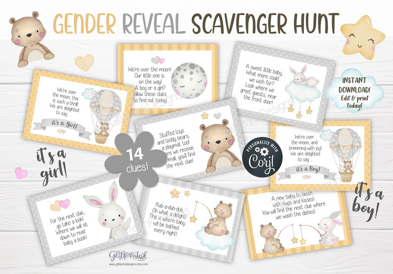 Gender reveal scavenger hunt clue cards for baby shower party games, Neutral nursery printable treasure hunt clues image 1