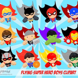 Superhelden Clipart Dateien und digitale Papiere Sofortdownload, Fliegende Superhelden Clip Art mit Superjungs, Superhelden Party Dekor
