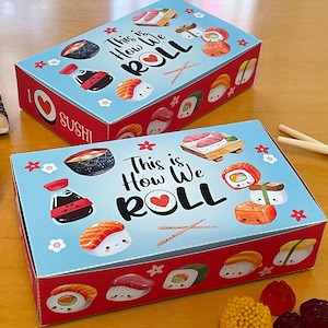 Caixas de lembrancinhas de aniversário para impressão MINI Sushi, lembrancinhas de festa de caixa de bento de sushi editáveis, decorações de festa de artesanato em papel Kawaii, edite com Corjl