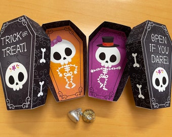 Halloween party printable coffin treat boxes / Coffin box party favors / Halloween decor treat box with skeleton, sugar skulls, bones