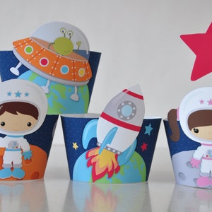 Outer space party favors cupcake wrappers and toppers, Astronaut printable decor with rocket, alien spaceship, planets