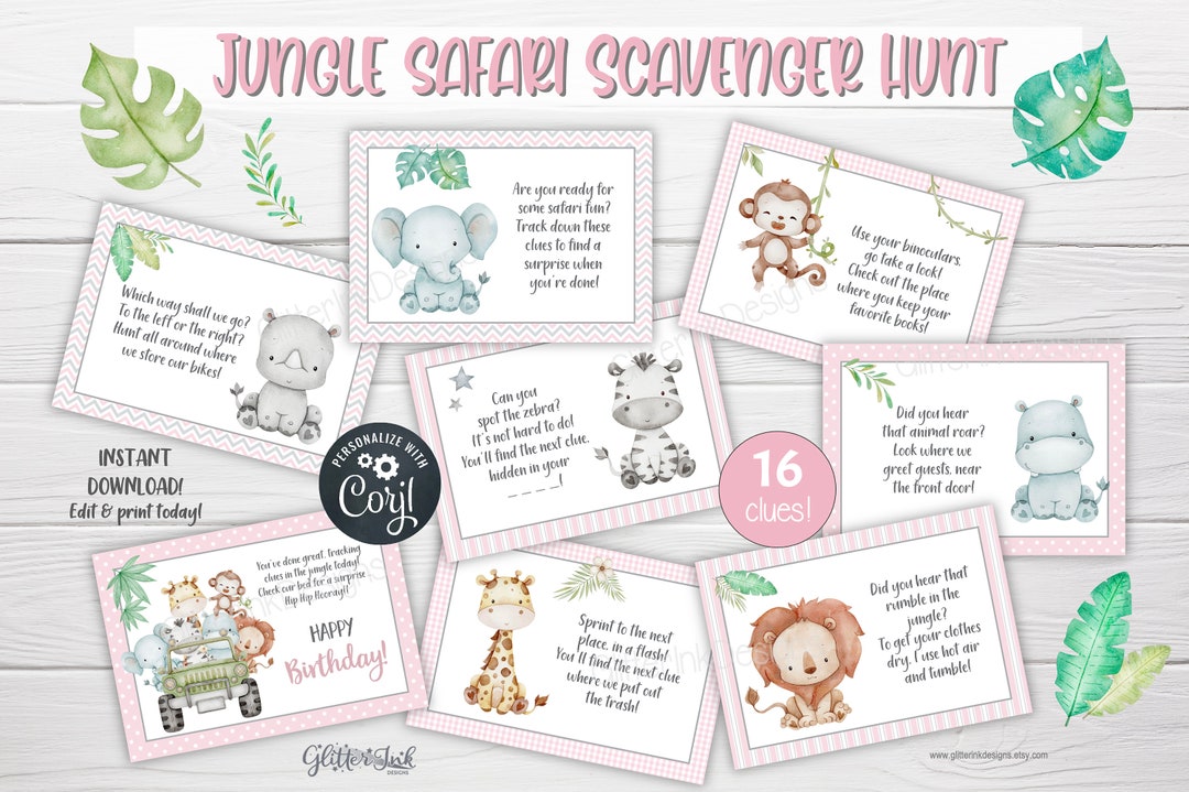 Safari Scavenger Hunt Clue Cards / Jungle Party Treasure Hunt Clues ...