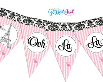 Paris Party printable banner / French themed birthday decor / Party in Paris decorations pink black / Eiffel Tower Ooh la la Sweet 16 spa