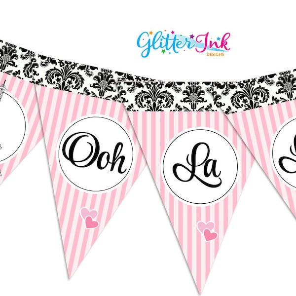 Paris Party printable banner / French themed birthday decor / Party in Paris decorations pink black / Eiffel Tower Ooh la la Sweet 16 spa