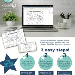 May include: A printable coloring page featuring a princess and a unicorn. The page is designed to be personalized with text using the Corjl online tool. The text "Happy Birthday Alisha!" is included in the image.