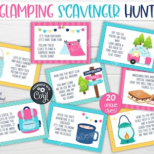 Glamping party scavenger hunt / Camping printables outdoor activities kids treasure hunt clues, Backyard campout birthday party camping game