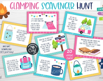 Glamping party scavenger hunt / Camping printables outdoor activities kids treasure hunt clues, Backyard campout birthday party camping game