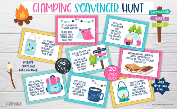 Glamping party scavenger hunt / Camping printables outdoor activities kids treasure hunt clues, Backyard campout birthday party camping game