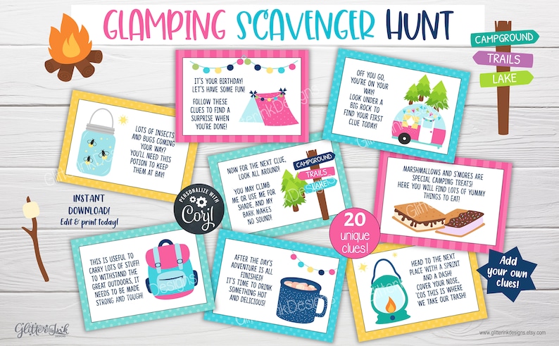 May include: A set of 20 colourful printable cards with text and illustrations for a glamping scavenger hunt. The cards feature images of a campfire, a tent, a backpack, a lantern, a jar of fireflies, a signpost, a camper van, and a s'more. The text on the cards includes phrases like "It's your birthday! Let's have some fun!" and "Off you go, you're on your way!"